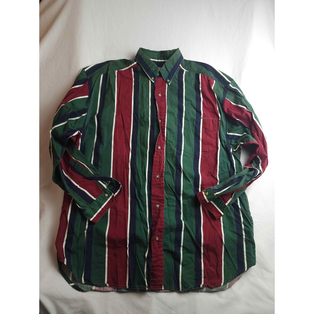 Premier International Mens XL Green Burgundy‎ Striped Cotton Button Down Shirt